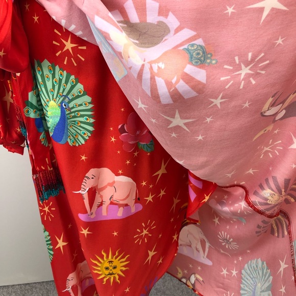 Farm Rio Lotus Star Red / Multi Midi Dress w/ beaded fringe belt- Small - Picture 10 of 15